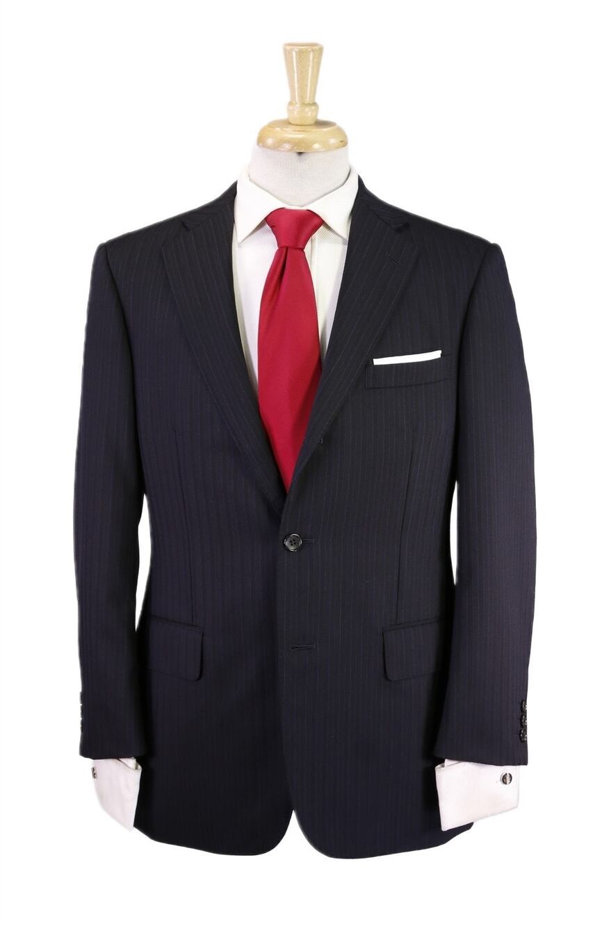 J Press Black w/ Sky Blue Tonestripe 3/2 Roll Lapel Wool Suit Presstige 38S